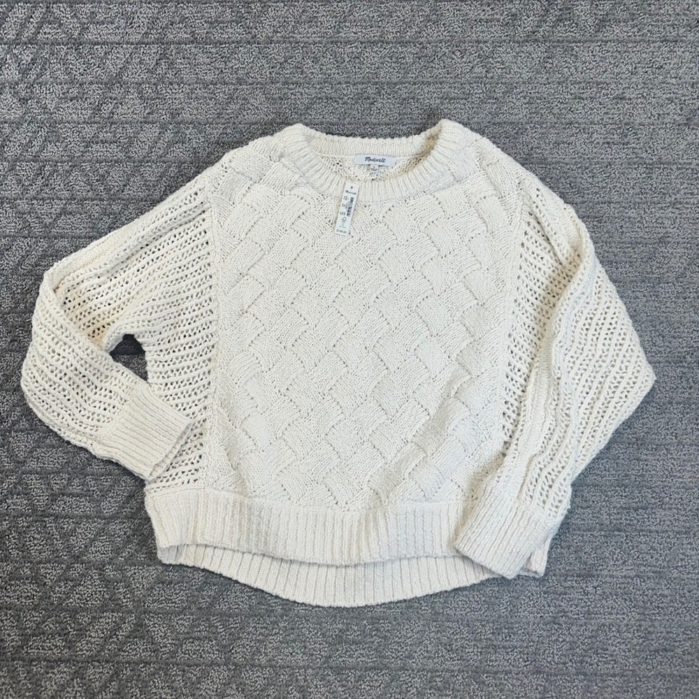 Madewell Textured Knit Sweater Cream Cotton Blend Boat Neck Relaxed‎ Fit Small